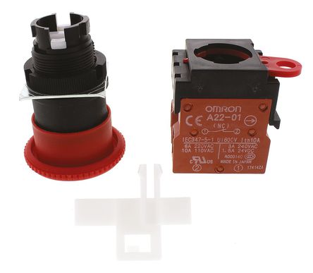 Omron A22E-M-02 emergency button, 2 NC, 40mm, Rotate to reset, IP65, Red, Mushroom, DPST