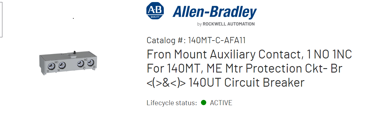 Allen Bradley 140MT-C-AFA11 ACCESORIO CONTACTO AUX 1NO 1NC PARA 140MT-C, -D, -F, FRONTAL