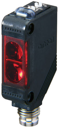 Sensor fotoelétrico retrorefletivo, LED vermelho, alcance 4 m, corpo retangular, saída PNP, conector pré-fiado M8
