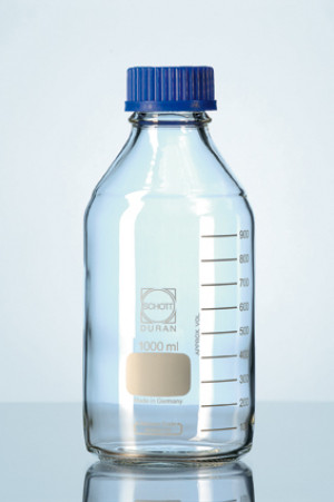 DURA.21801445 Frasco de vidrio para laboratorio Duran. Con boca roscada ISO y tapón Schott azul (esterilizable hasta 140 ºC) ; Capacidad ml: 500 ; Rosca ISO: GL45