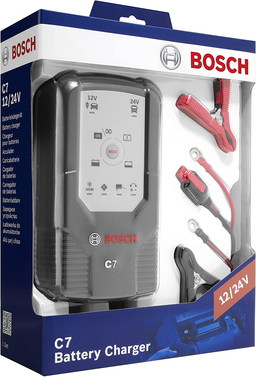 Bosch C7 cargador de baterías inteligente y automático - 12V/24 V / 7A para baterías de plomo-ácido, GEL, Start/Stop EFB, Start/Stop AGM