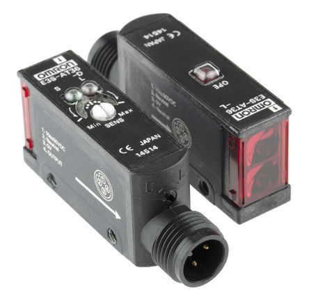 Photoelectric Sensor Through Beam (Emitter and Receiver), LED, Range 7m, Rectangular Body, PNP Output, M12 Connector