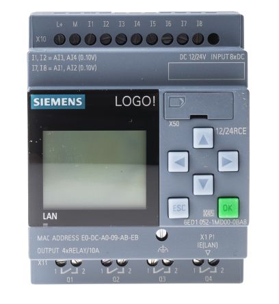 6ED1052-1MD00-0BA8  Módulo lógico Siemens, Comunicación Ethernet, 8 entradas tipo Digital, 4 salidas tipo Relé, Puerto RJ45